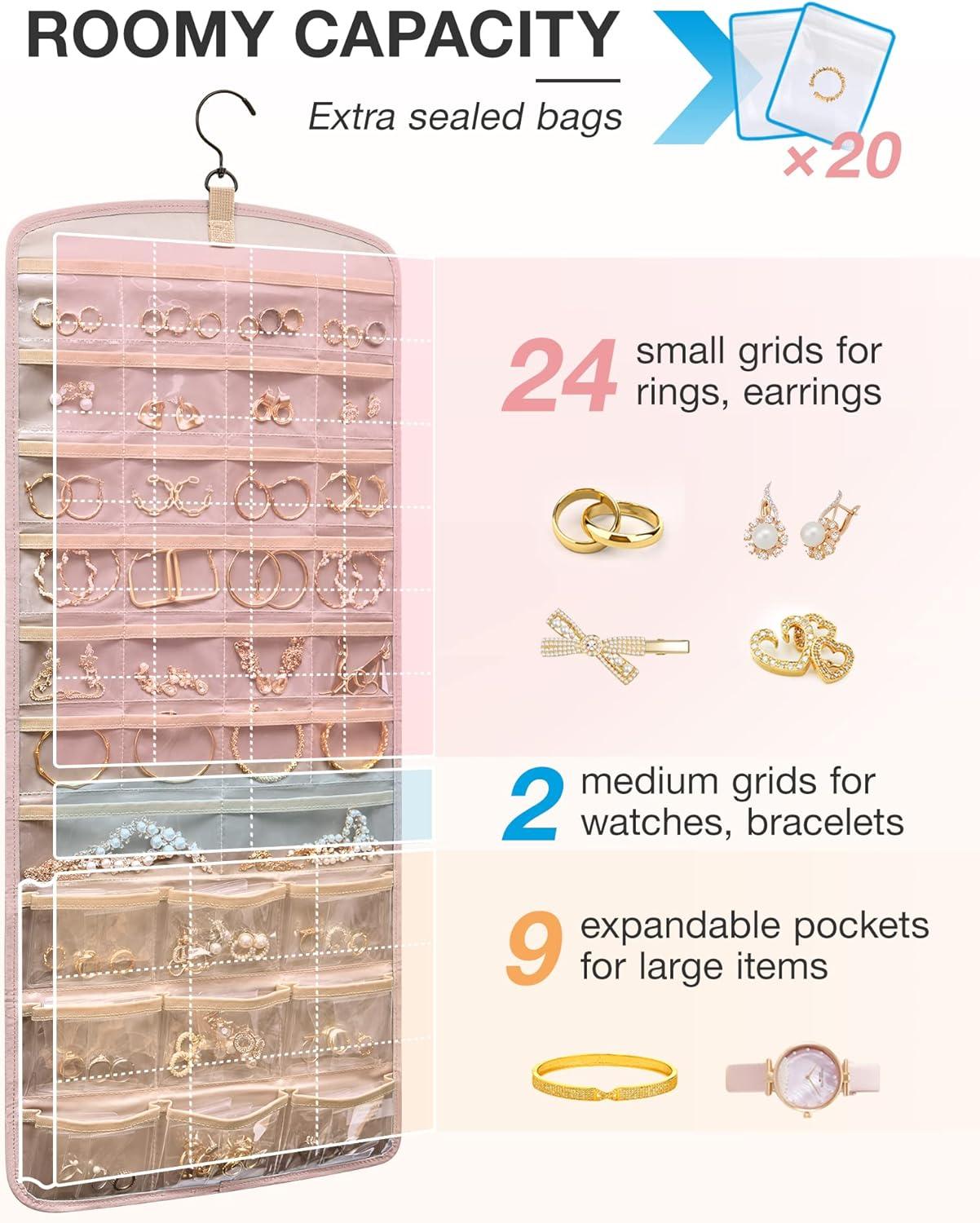 image:imageBAGSMART Hanging Jewelry Organizer Necklace Holder Antitangle Earrings Rings Hanger with 20 Jewelry Bags Travel Storage Roll with Pockets Hang on Closet Wall Door1 Piece Large BlackPink