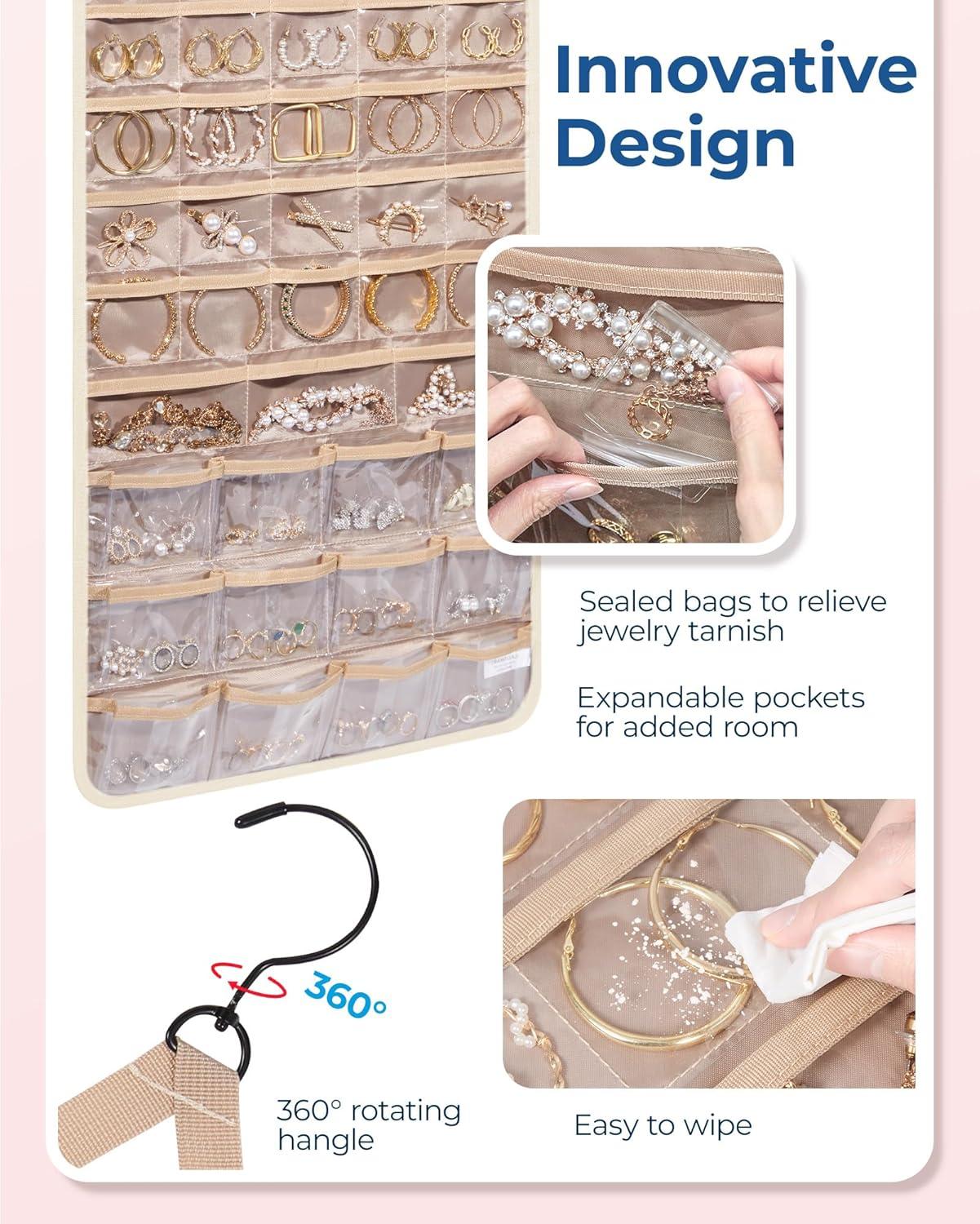 image:imageBAGSMART Hanging Jewelry Organizer Necklace Holder Antitangle Earrings Rings Hanger with 20 Jewelry Bags Travel Storage Roll with Pockets Hang on Closet Wall Door1 Piece Large BlackBeige