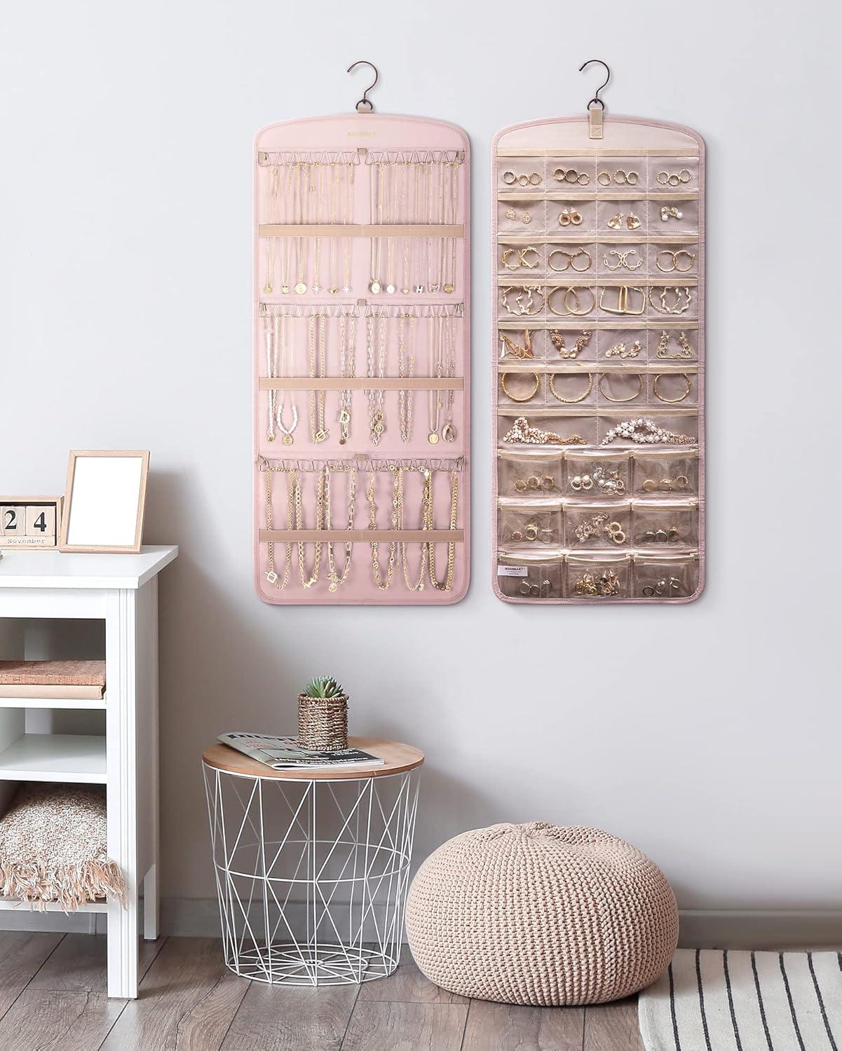 image:imageBAGSMART Hanging Jewelry Organizer Necklace Holder Antitangle Earrings Rings Hanger with 20 Jewelry Bags Travel Storage Roll with Pockets Hang on Closet Wall Door1 Piece Large BlackPink