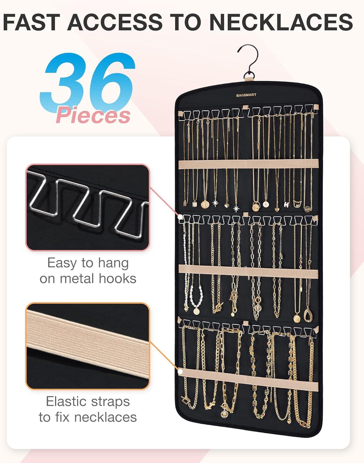 image:imageBAGSMART Hanging Jewelry Organizer Necklace Holder Antitangle Earrings Rings Hanger with 20 Jewelry Bags Travel Storage Roll with Pockets Hang on Closet Wall Door1 Piece Large BlackBlack