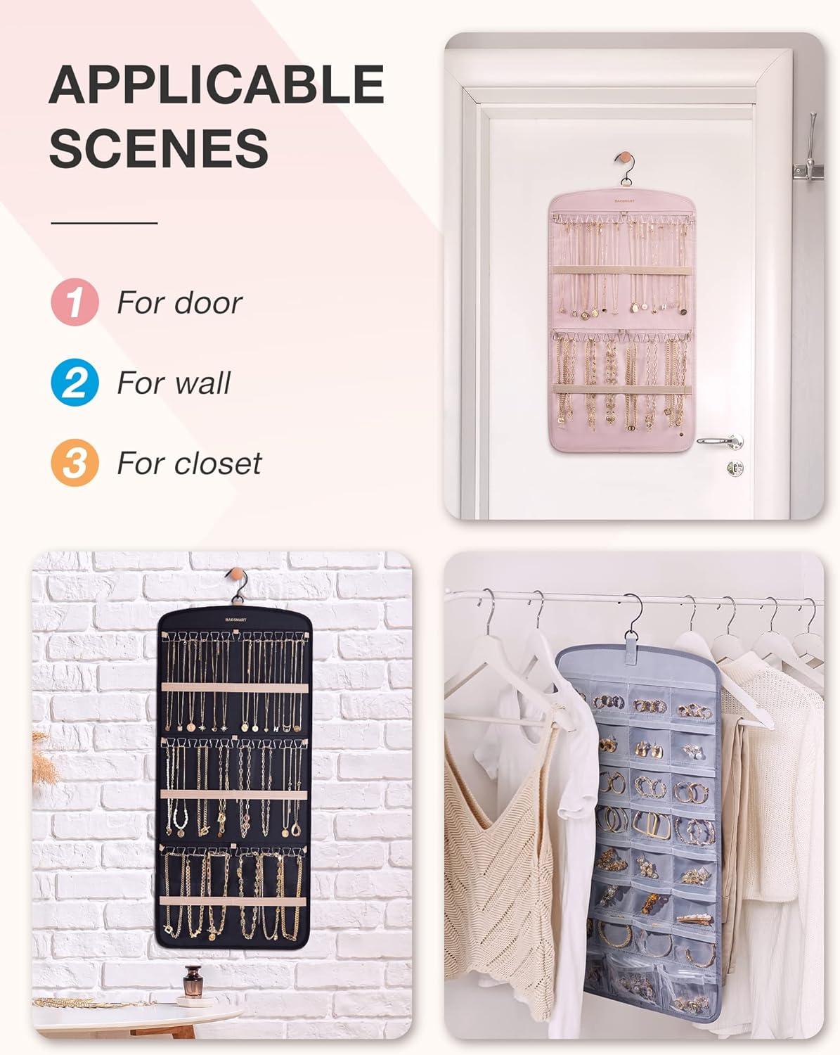 image:imageBAGSMART Hanging Jewelry Organizer Necklace Holder Antitangle Earrings Rings Hanger with 20 Jewelry Bags Travel Storage Roll with Pockets Hang on Closet Wall Door1 Piece Large BlackPink