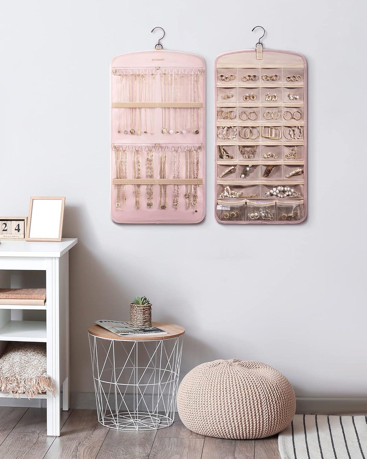 image:imageBAGSMART Hanging Jewelry Organizer Necklace Holder Antitangle Earrings Rings Hanger with 20 Jewelry Bags Travel Storage Roll with Pockets Hang on Closet Wall Door1 Piece Large BlackPink