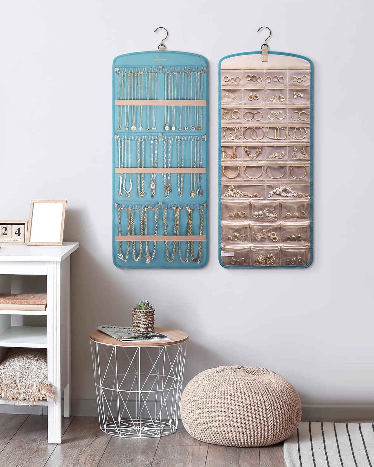 image:imageBAGSMART Hanging Jewelry Organizer Necklace Holder Antitangle Earrings Rings Hanger with 20 Jewelry Bags Travel Storage Roll with Pockets Hang on Closet Wall Door1 Piece Large BlackTeal