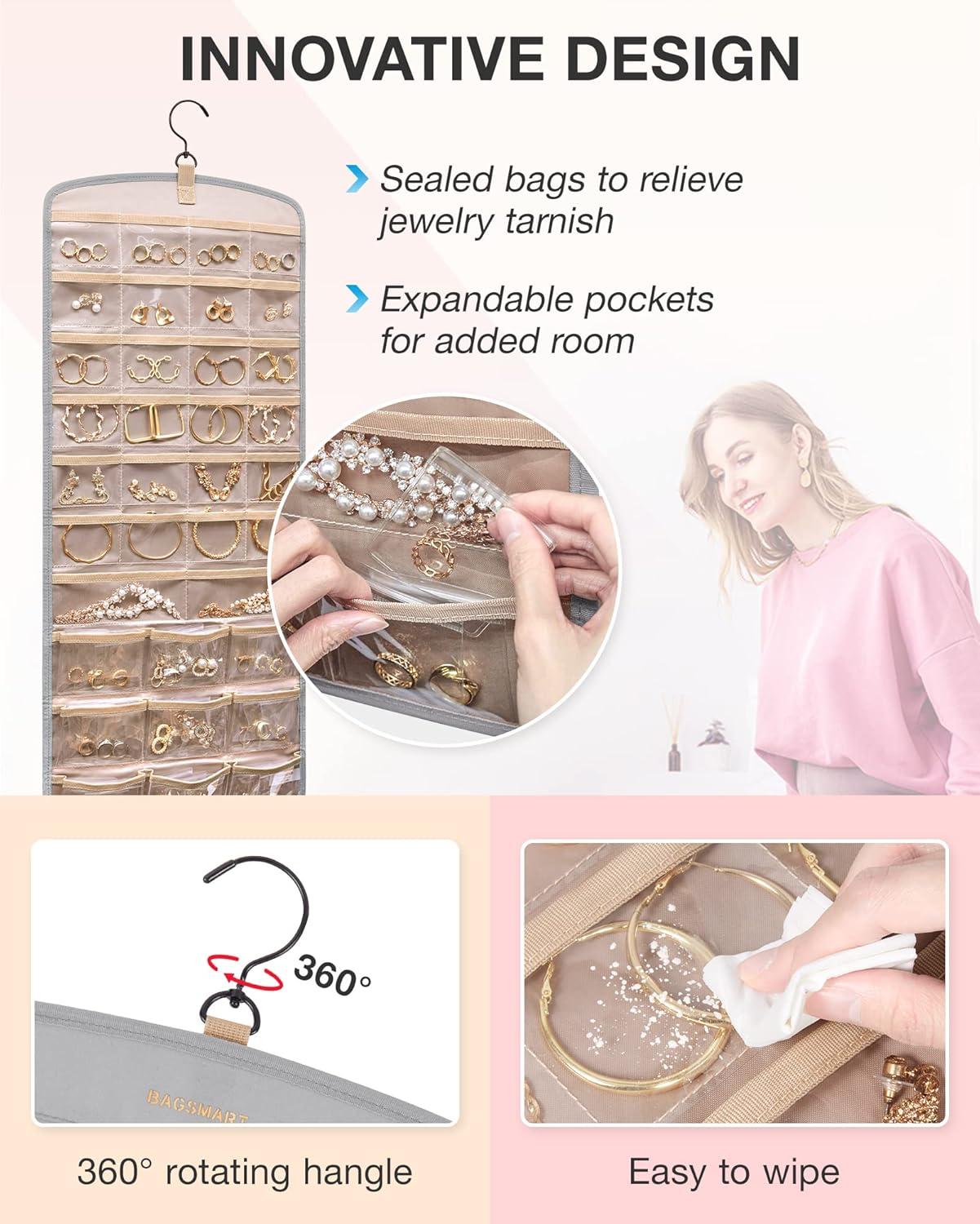 image:imageBAGSMART Hanging Jewelry Organizer Necklace Holder Antitangle Earrings Rings Hanger with 20 Jewelry Bags Travel Storage Roll with Pockets Hang on Closet Wall Door1 Piece Large BlackGrey