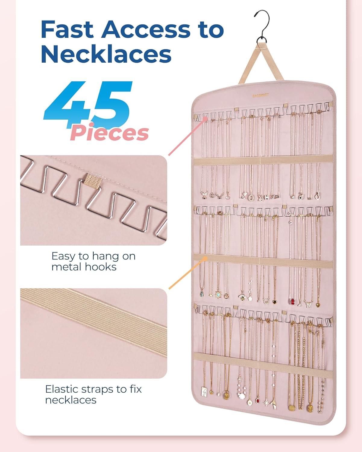 image:imageBAGSMART Hanging Jewelry Organizer Necklace Holder Antitangle Earrings Rings Hanger with 20 Jewelry Bags Travel Storage Roll with Pockets Hang on Closet Wall Door1 Piece Large BlackPink