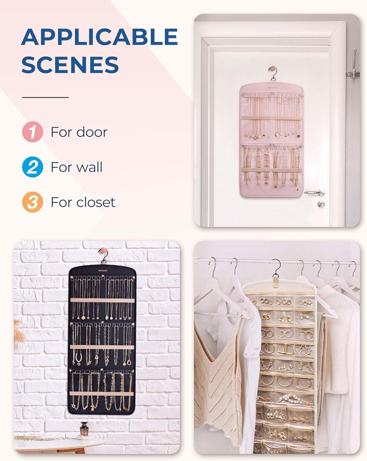 image:imageBAGSMART Hanging Jewelry Organizer Necklace Holder Antitangle Earrings Rings Hanger with 20 Jewelry Bags Travel Storage Roll with Pockets Hang on Closet Wall Door1 Piece Large BlackBeige
