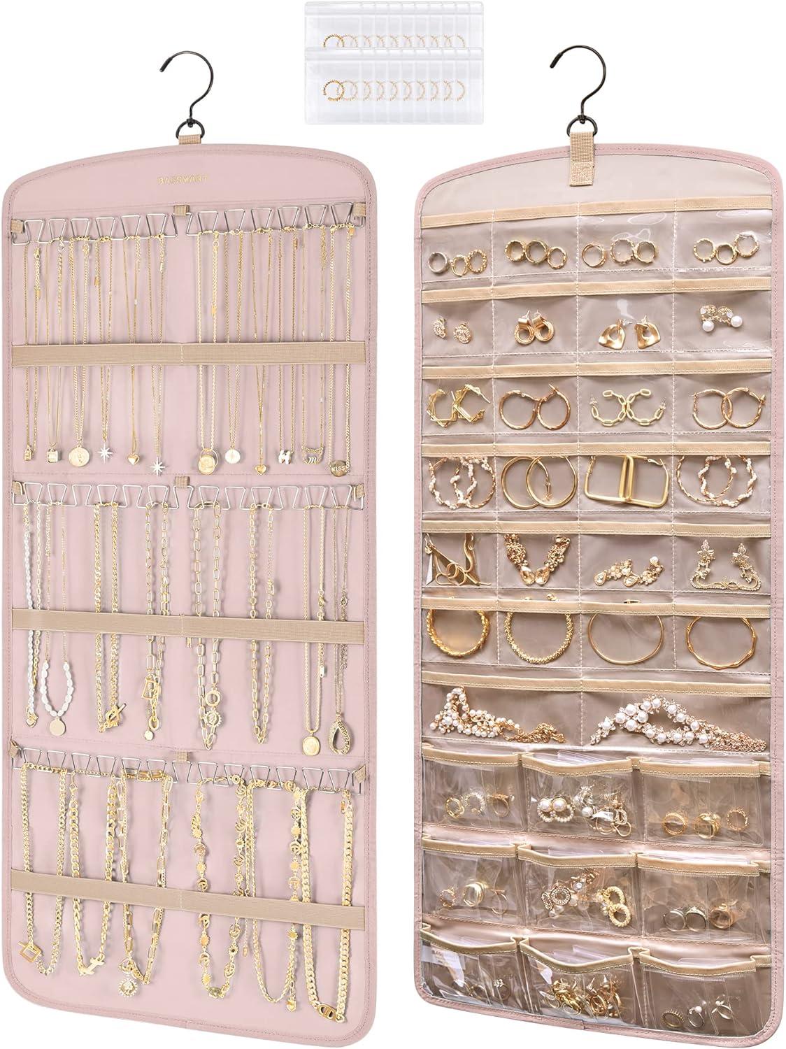 image:imageBAGSMART Hanging Jewelry Organizer Necklace Holder Antitangle Earrings Rings Hanger with 20 Jewelry Bags Travel Storage Roll with Pockets Hang on Closet Wall Door1 Piece Large BlackPink