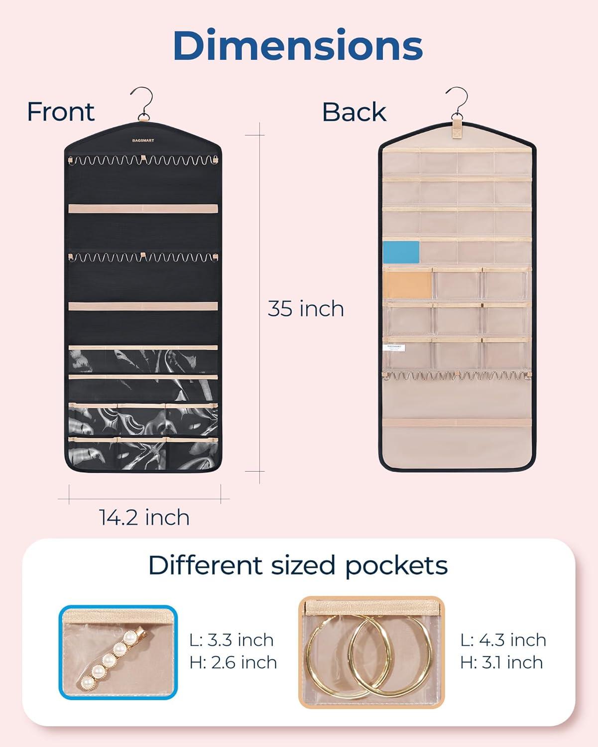 image:imageBAGSMART Hanging Jewelry Organizer with Hanger Metal Hooks DoubleSided Jewelry Holder for Organizing Earrings Necklaces Rings Perfect for in Hanging Closet Wall Door 1 Piece Large BlackA1Black