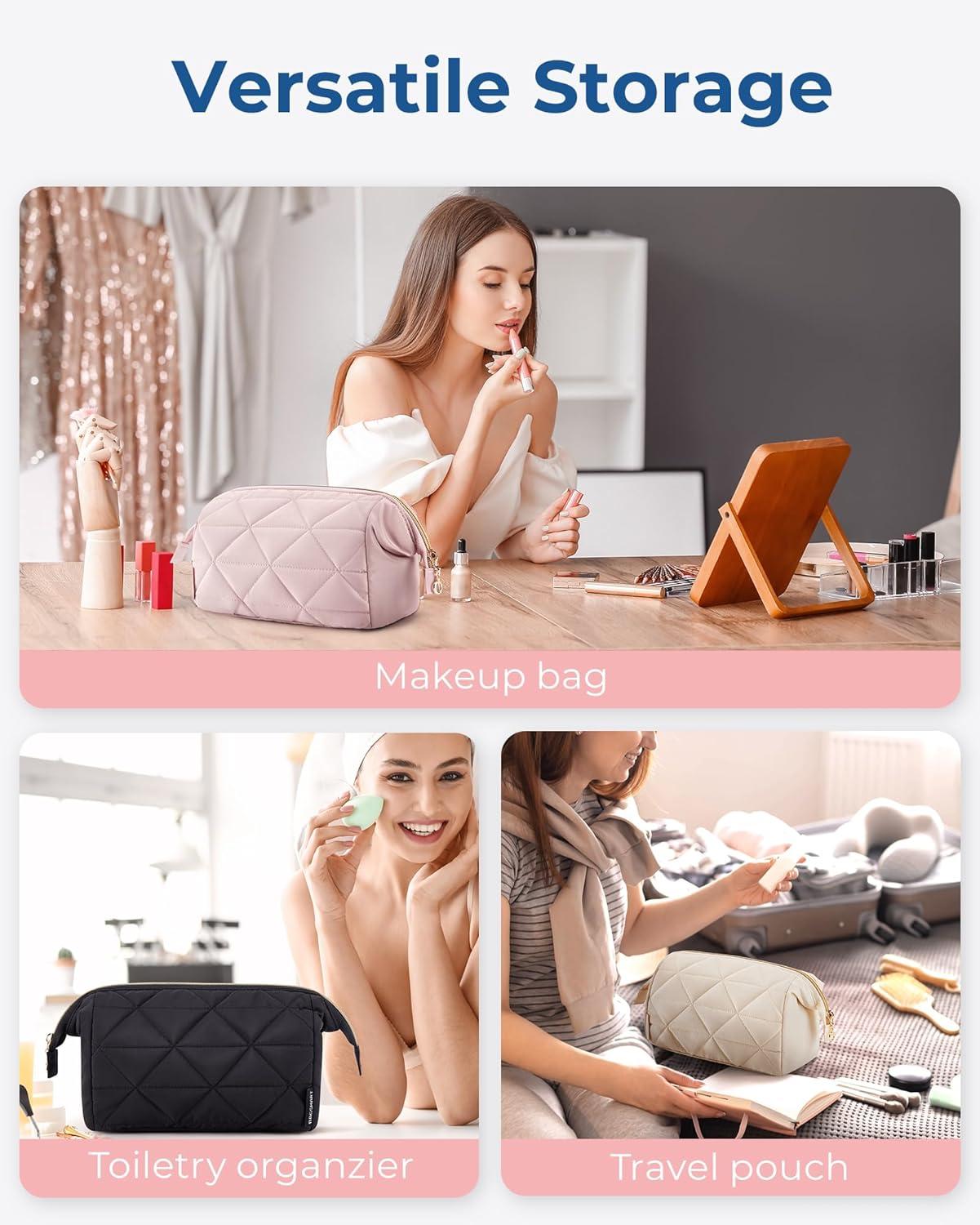 image:imageBAGSMART Makeup Bag Travel Makeup Bag Cute Puffy Make Up Bag Wideopen Cosmetic Bags for Women Small Makeup Pouch for Travel Essentials Toiletries Accessories BlackBPink