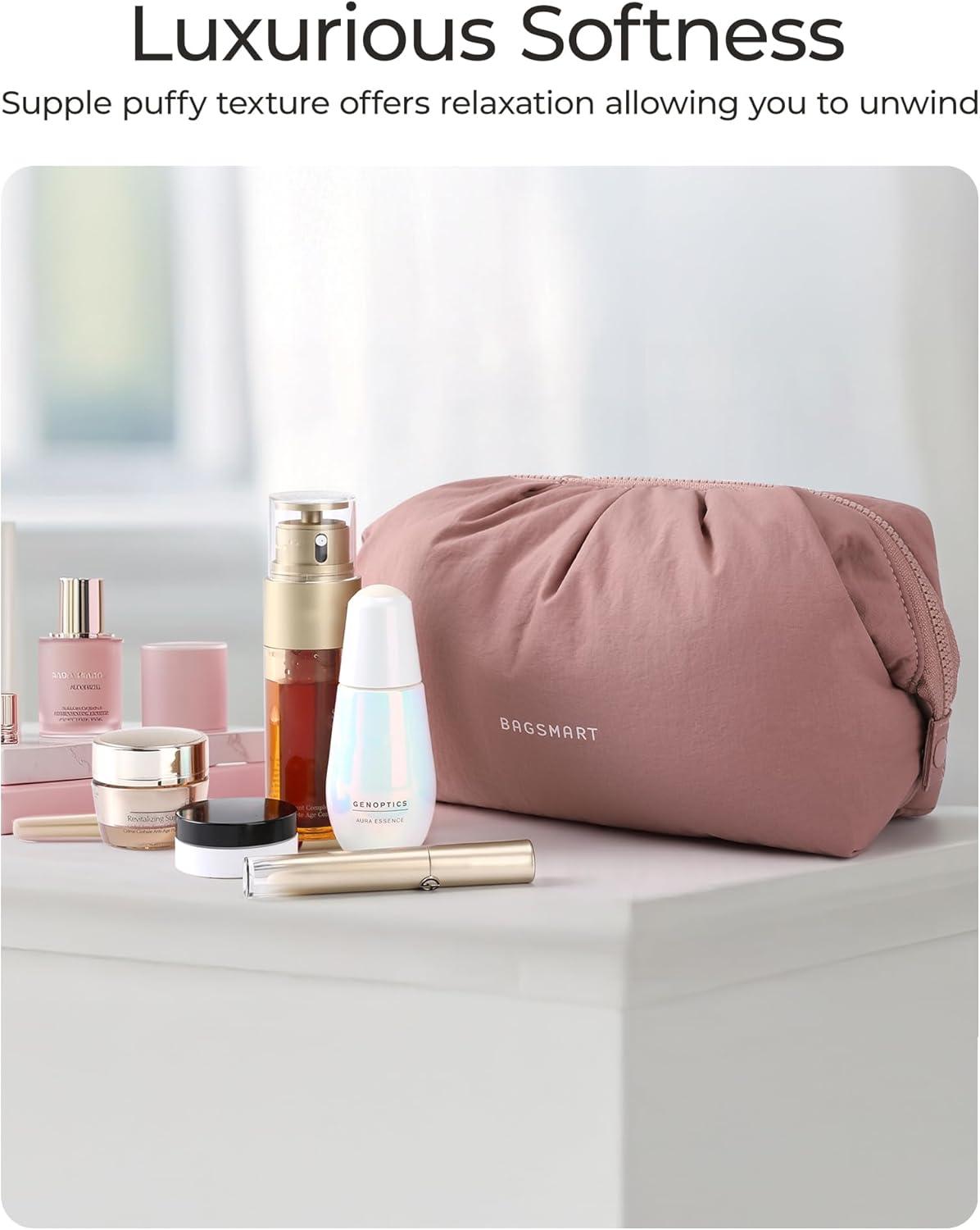 image:imageBAGSMART Makeup Bag Travel Toiletry Bag Cute Make Up Bag Large Capacity Cosmetic Bags for Women Wideopen Makeup Pouch Travel Essentials Toiletries Accessories Brushes PinkDark pink
