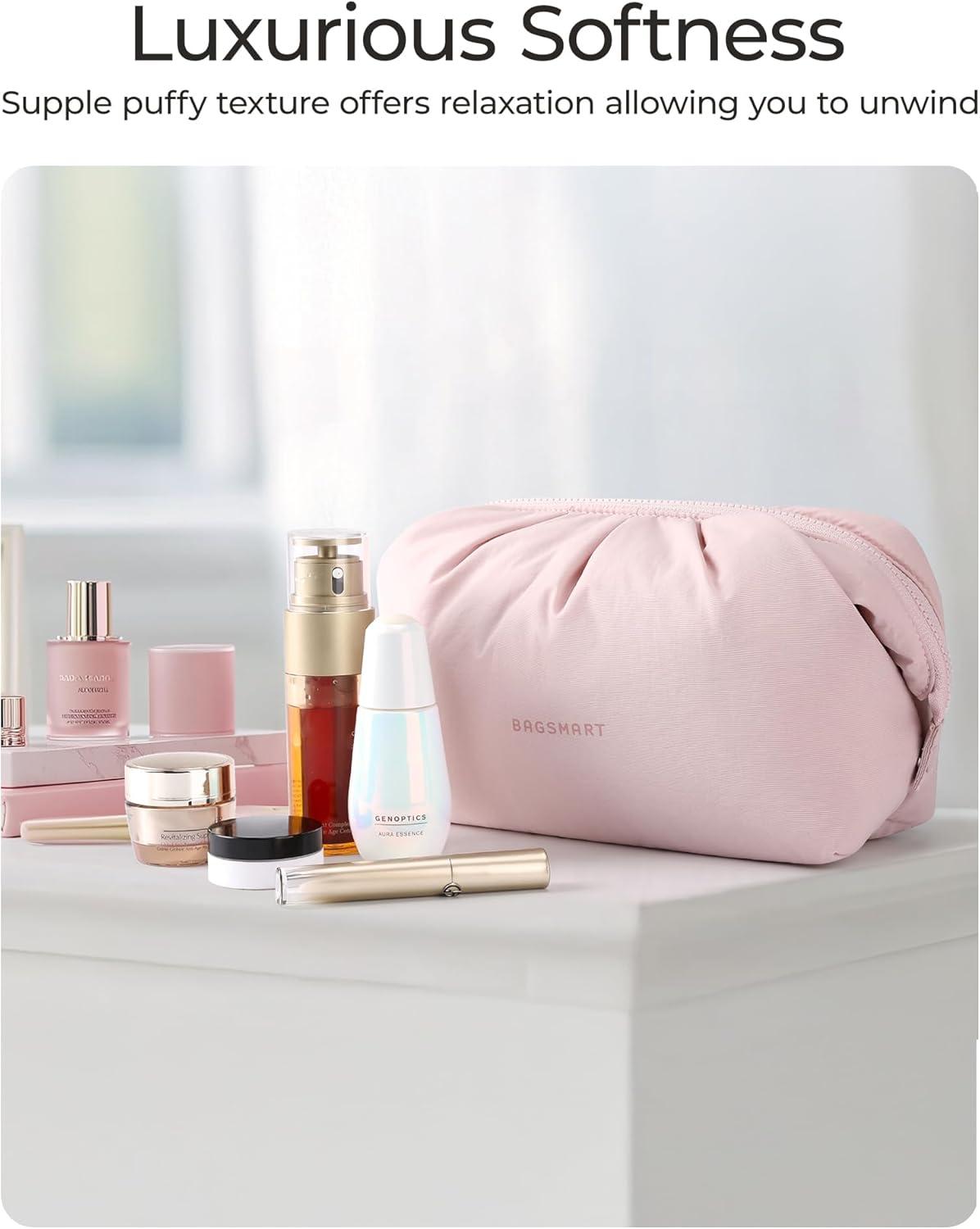 image:imageBAGSMART Makeup Bag Travel Toiletry Bag Cute Make Up Bag Large Capacity Cosmetic Bags for Women Wideopen Makeup Pouch Travel Essentials Toiletries Accessories Brushes PinkPink