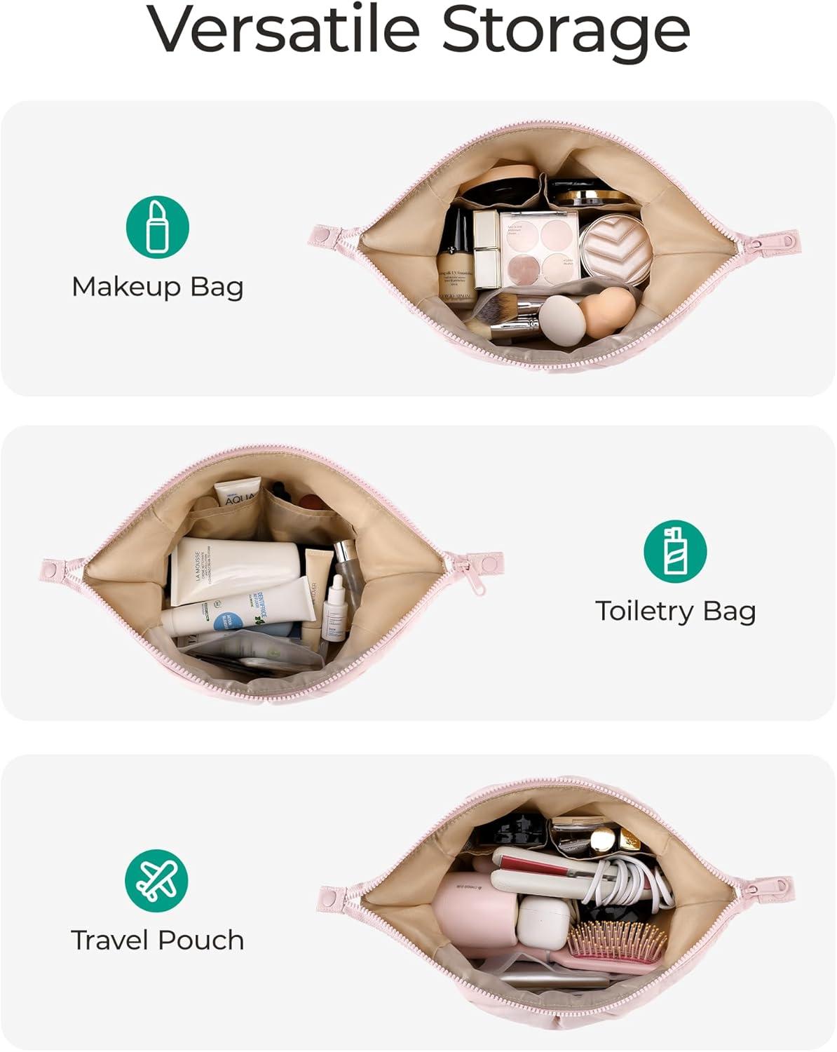 image:imageBAGSMART Makeup Bag Travel Toiletry Bag Cute Make Up Bag Large Capacity Cosmetic Bags for Women Wideopen Makeup Pouch Travel Essentials Toiletries Accessories Brushes PinkBlack