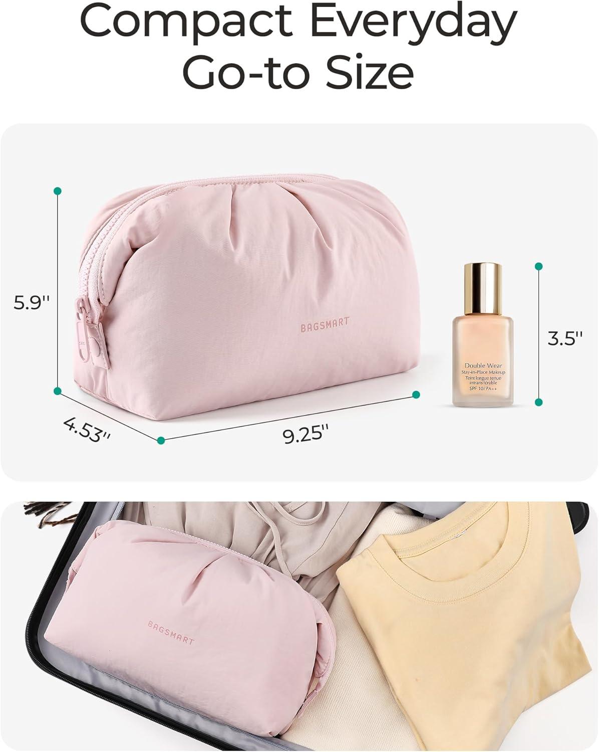 image:imageBAGSMART Makeup Bag Travel Toiletry Bag Cute Make Up Bag Large Capacity Cosmetic Bags for Women Wideopen Makeup Pouch Travel Essentials Toiletries Accessories Brushes PinkBlack
