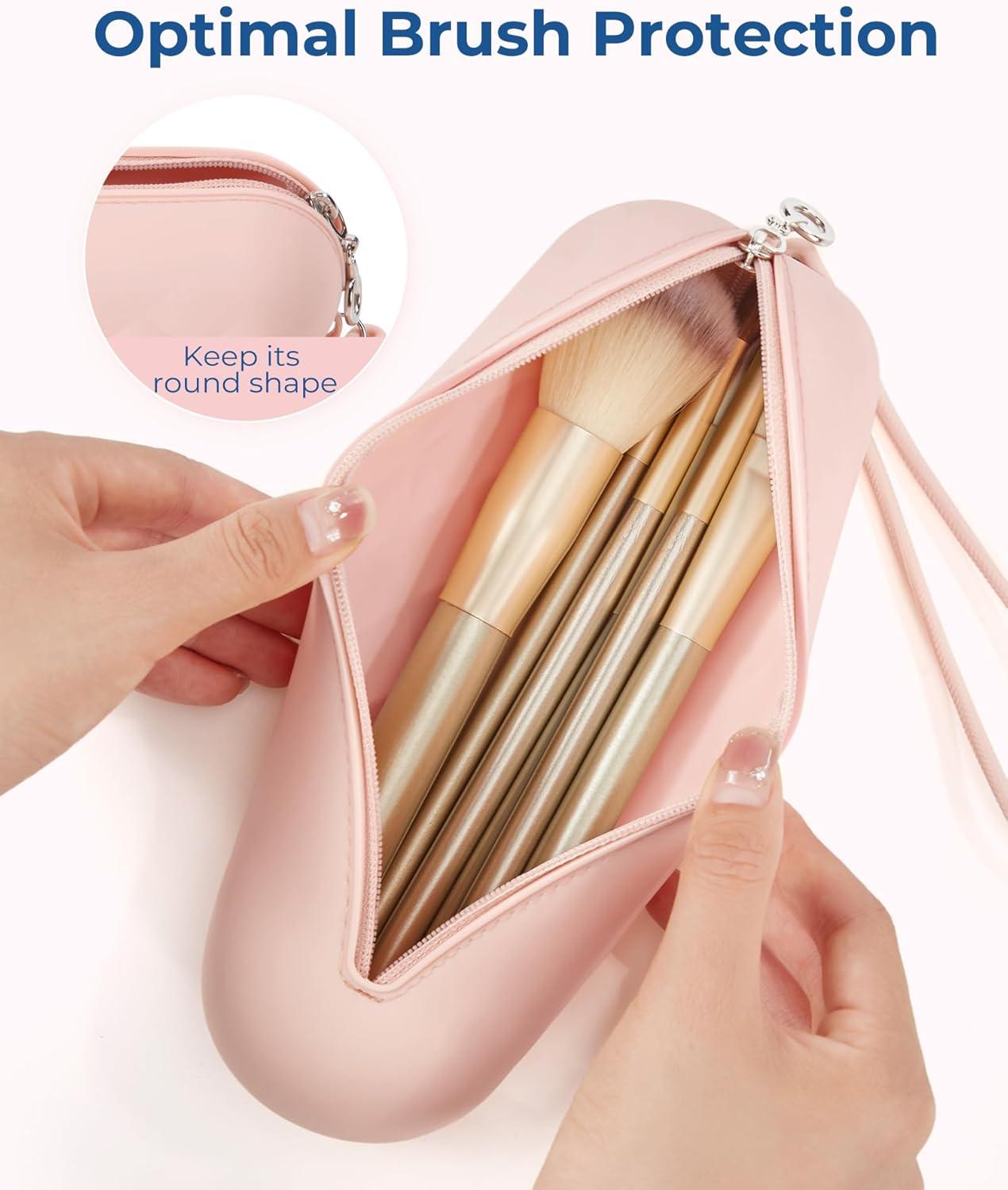 image:imageBAGSMART Makeup Brush Holder Bag Travel Small Makeup Bag for Purse Make Up Brush Bag Case Cosmetic Bag Silicone Soft Portable Face Brushes Travel Essentials Organizer Holder PinkAPink