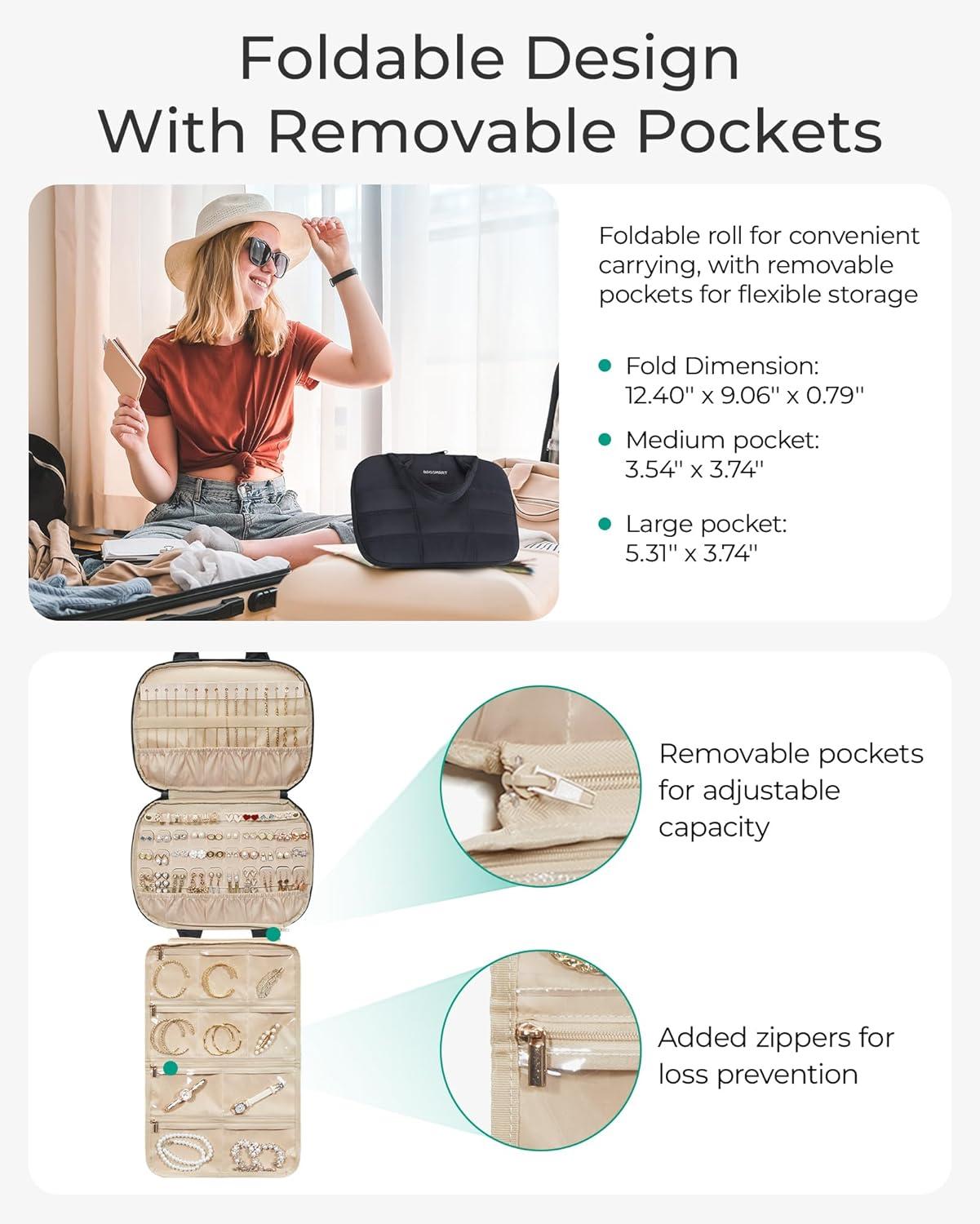 image:imageBAGSMART Travel Jewelry Case Hanging Jewelry Organizer with Zipper Pockets Large Capacity Puffy Jewelry Roll for Earrings Necklaces Rings on Closet Wall Door Portable Travel Essentials PinkGreen