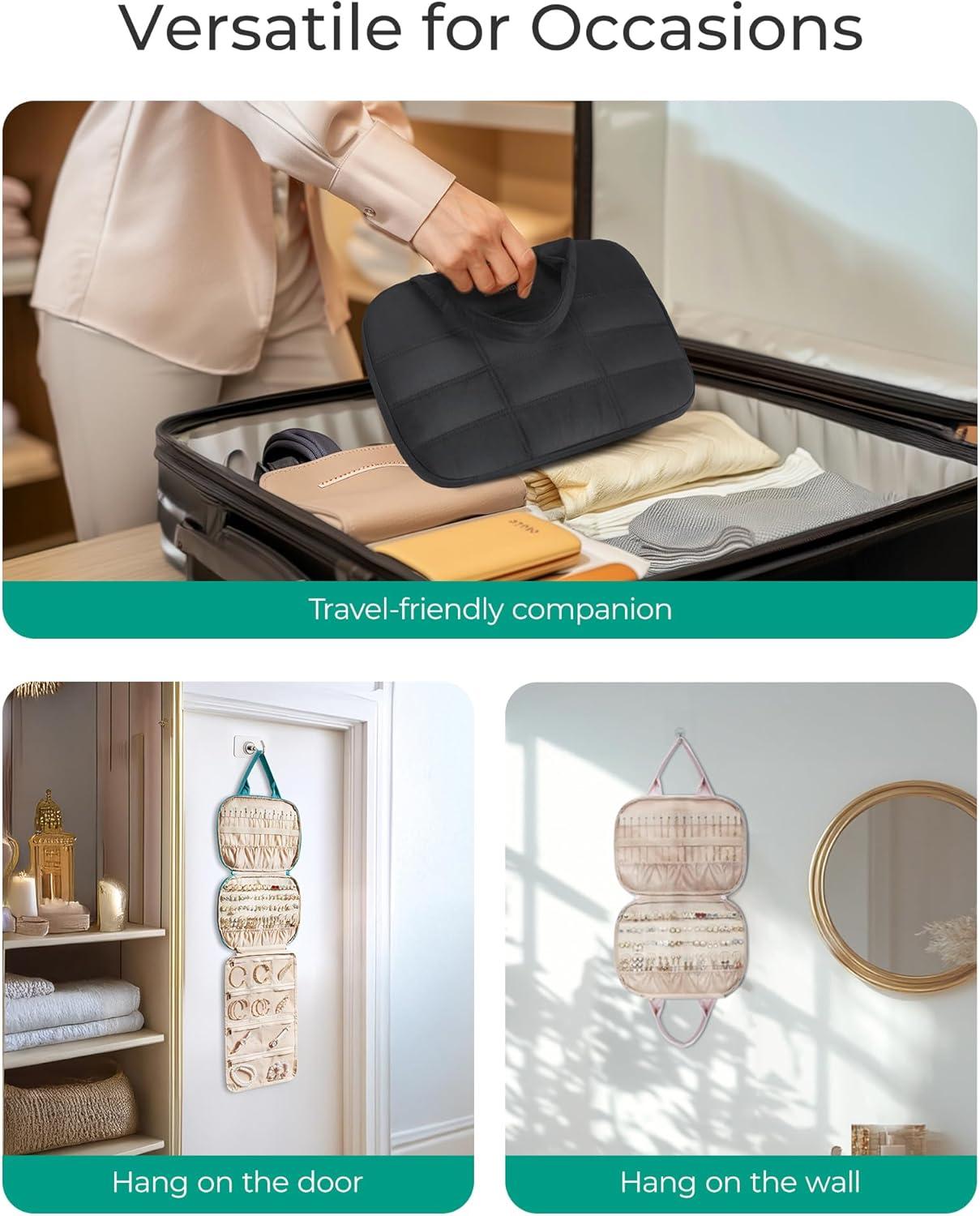 image:imageBAGSMART Travel Jewelry Case Hanging Jewelry Organizer with Zipper Pockets Large Capacity Puffy Jewelry Roll for Earrings Necklaces Rings on Closet Wall Door Portable Travel Essentials PinkBlack