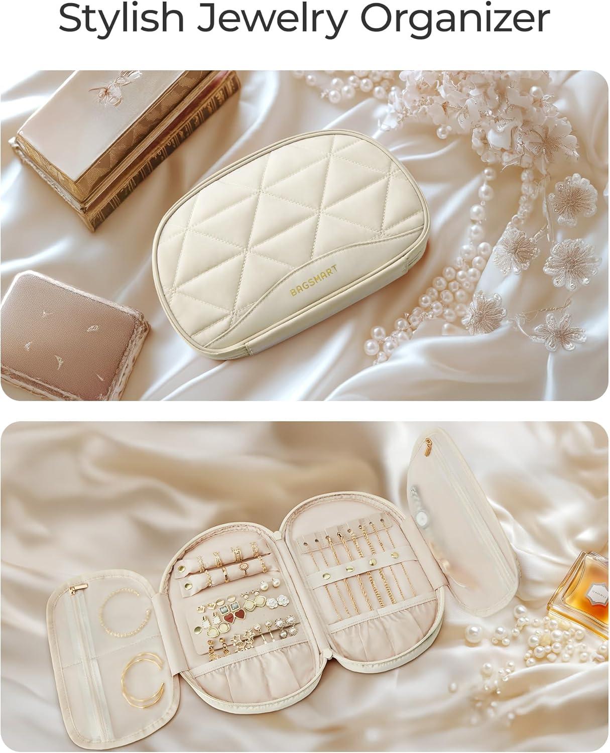 image:imageBAGSMART Travel Jewelry Case Jewelry Organizer Storage Roll Rings Necklaces Earrings Bracelets Brooches Watch Large Portable Light PinkABeige