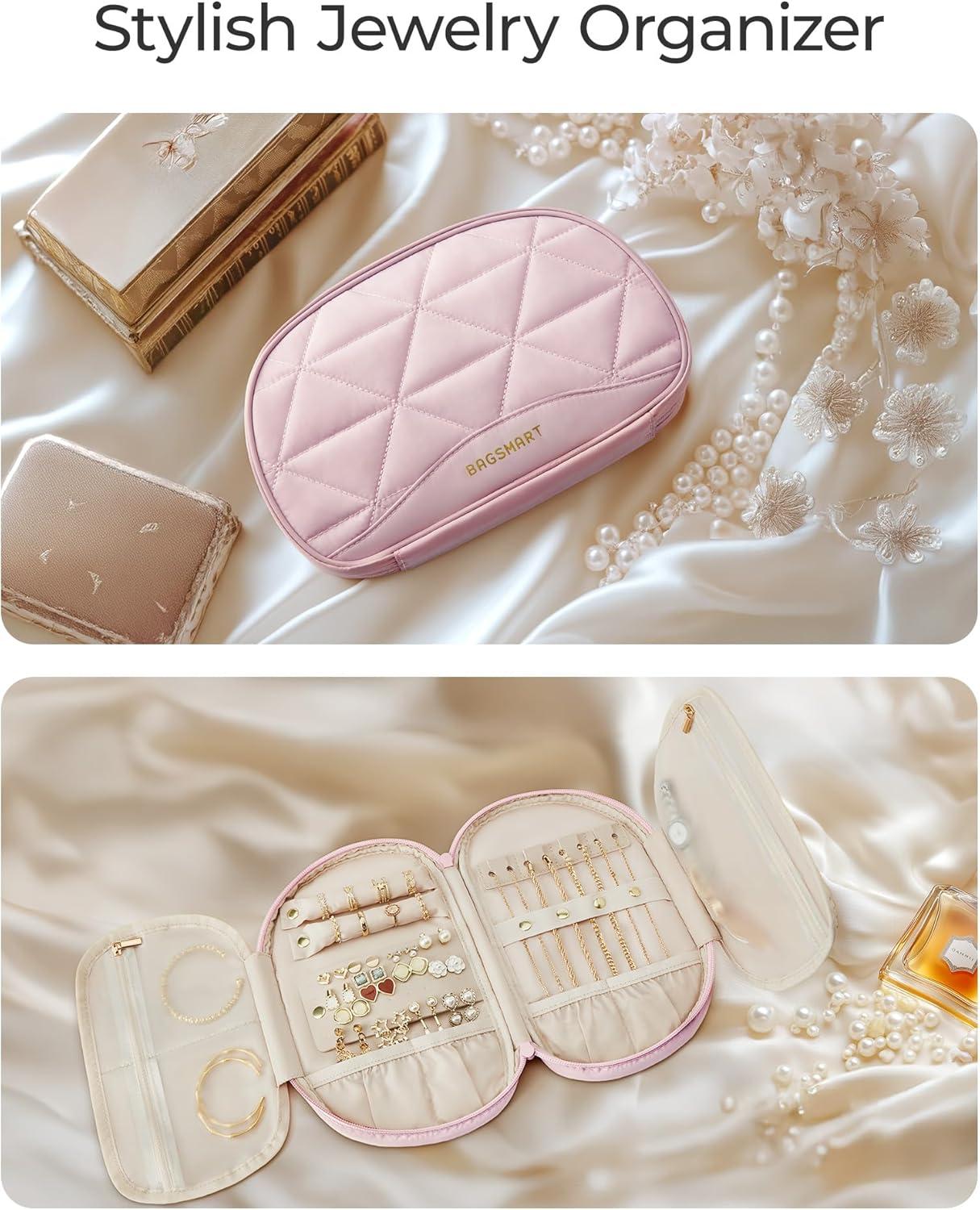 image:imageBAGSMART Travel Jewelry Case Jewelry Organizer Storage Roll Rings Necklaces Earrings Bracelets Brooches Watch Large Portable Light PinkALight Pink