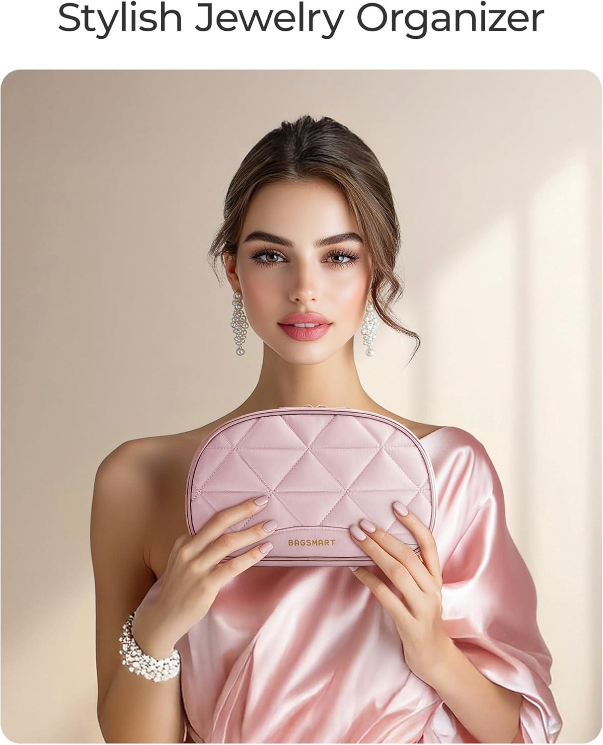 image:imageBAGSMART Travel Jewelry Case Jewelry Organizer Storage Roll Rings Necklaces Earrings Bracelets Brooches Watch Large Portable Light PinkALight Pink