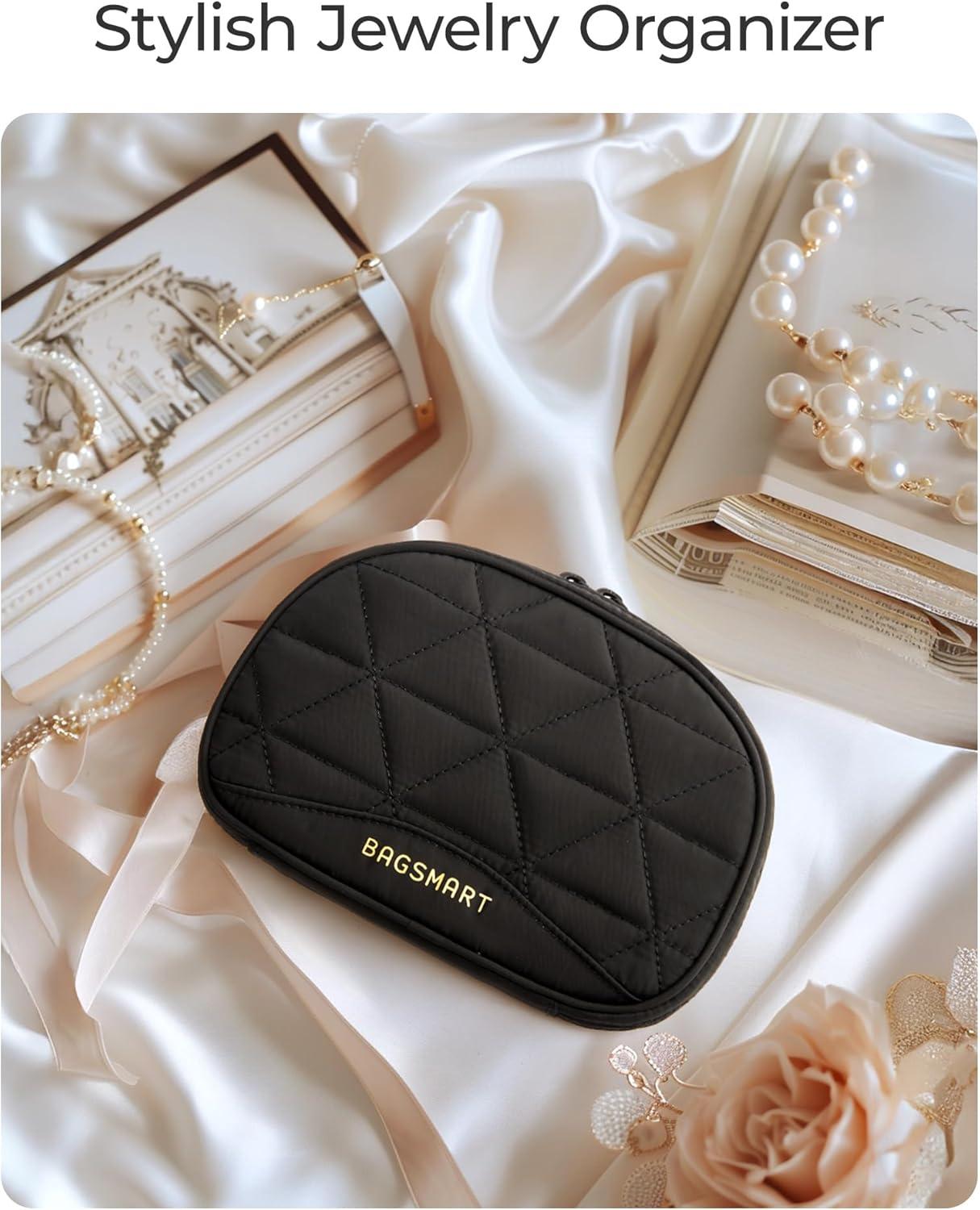 image:imageBAGSMART Travel Jewelry Case Jewelry Organizer Storage Roll Rings Necklaces Earrings Bracelets Brooches Watch Large Portable Light PinkBBlack