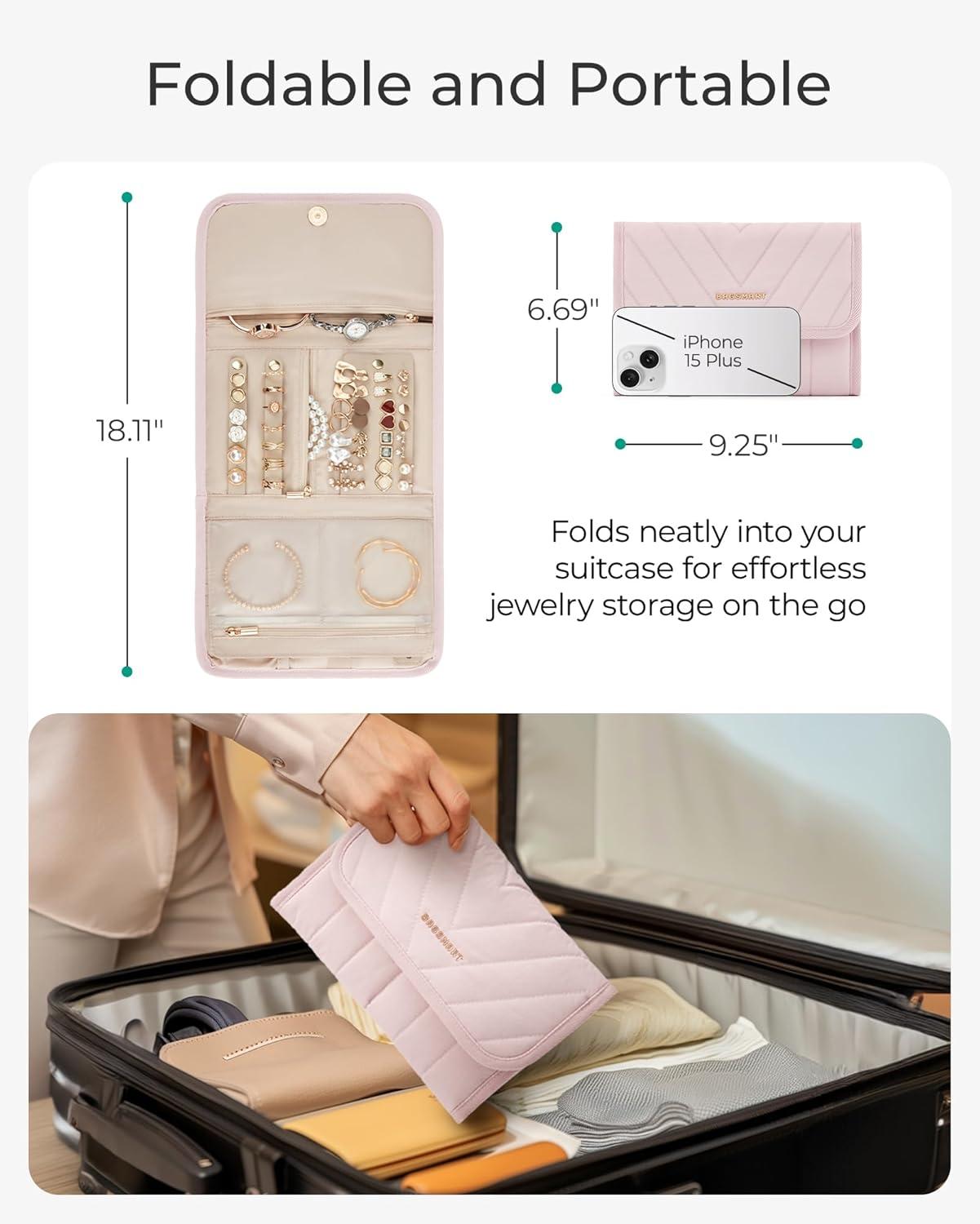 image:imageBAGSMART Travel Jewelry Organizer Case Foldable Jewelry Roll for Necklaces Earrings JourneyRings Bracelets Brooches Portable PinkABeige