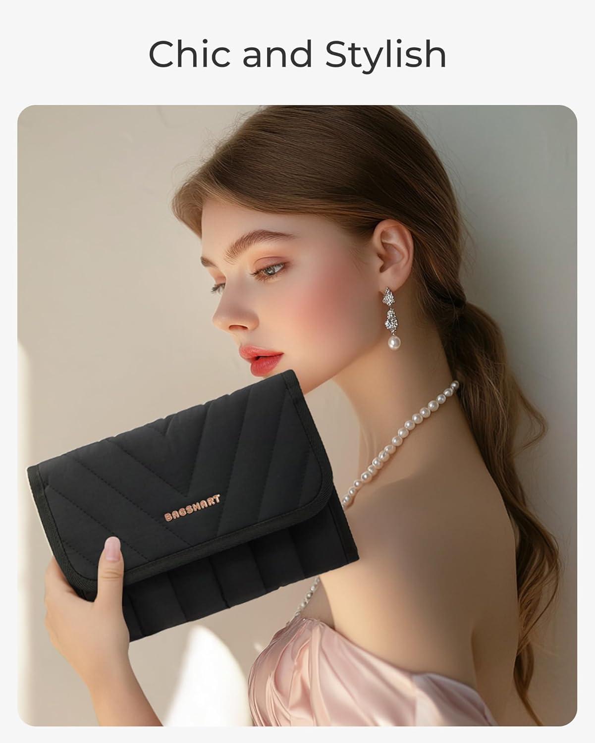 image:imageBAGSMART Travel Jewelry Organizer Case Foldable Jewelry Roll for Necklaces Earrings JourneyRings Bracelets Brooches Portable PinkABlack