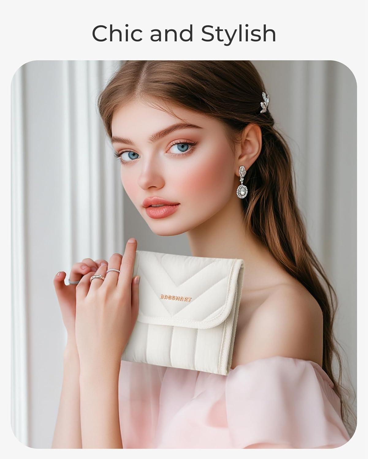 image:imageBAGSMART Travel Jewelry Organizer Case Foldable Jewelry Roll for Necklaces Earrings JourneyRings Bracelets Brooches Portable PinkBBeige