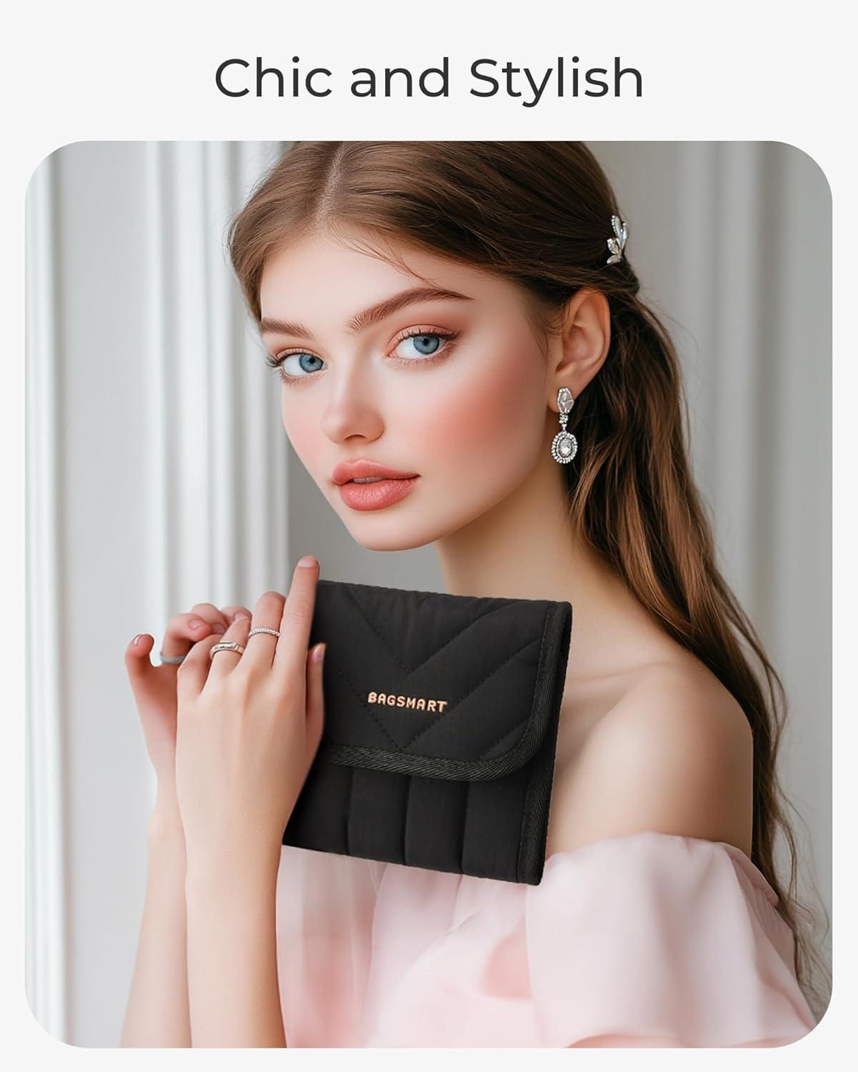 image:imageBAGSMART Travel Jewelry Organizer Case Foldable Jewelry Roll for Necklaces Earrings JourneyRings Bracelets Brooches Portable PinkBBlack