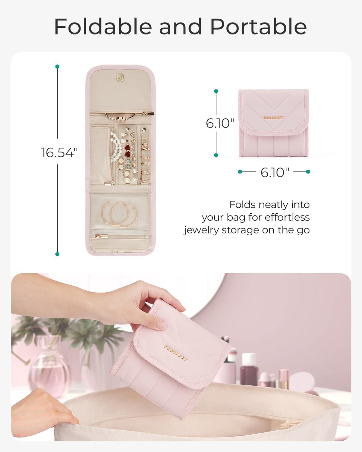 image:imageBAGSMART Travel Jewelry Organizer Case Foldable Jewelry Roll for Necklaces Earrings JourneyRings Bracelets Brooches Portable PinkBPink