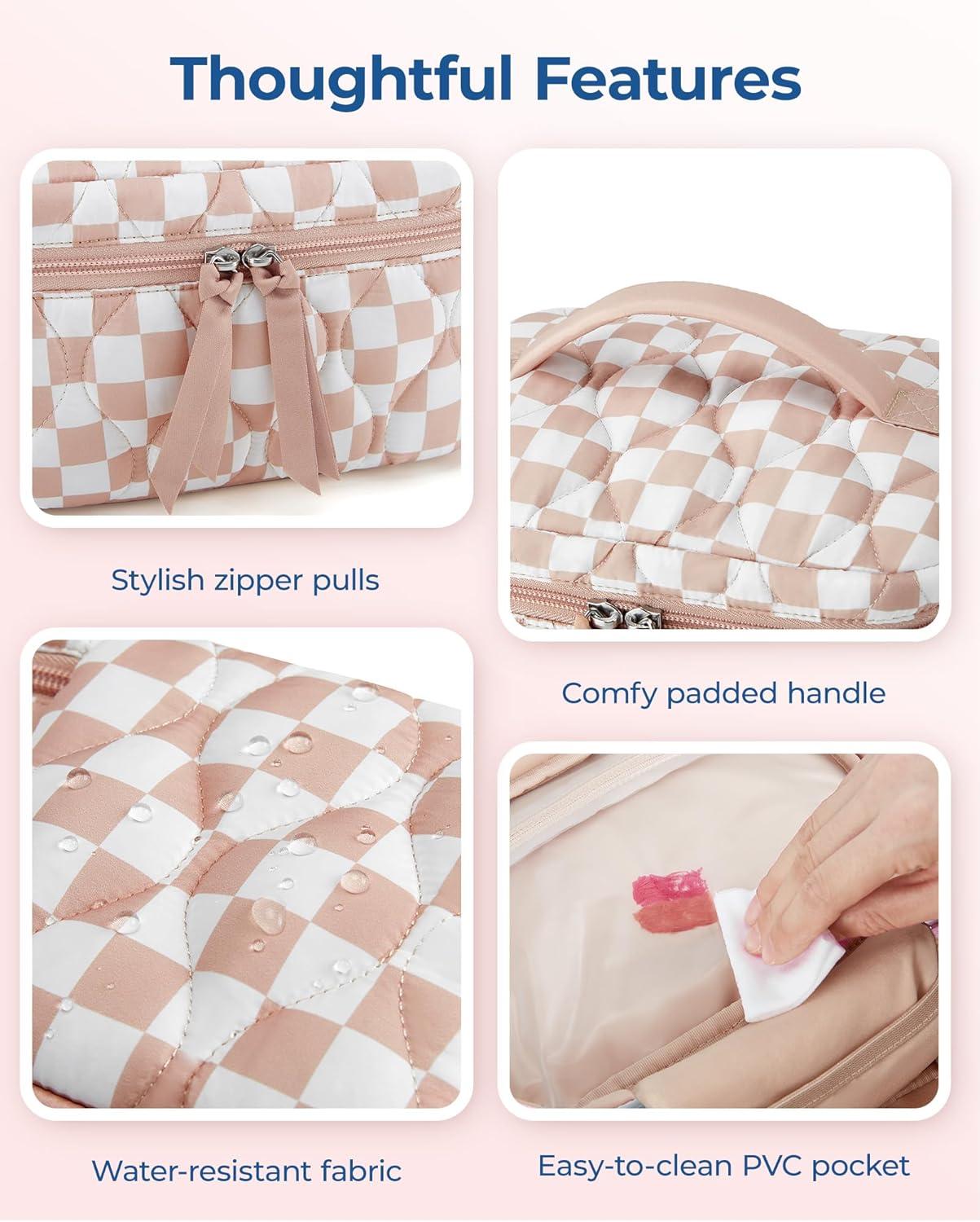 image:imageBAGSMART Travel Makeup Bag 2Piece Puffy Quilted Cute Make Up Bag Cosmetic Bags for Women Large WideOpen Toiletry Pouch Gifts for Toiletries Accessories Travelling Essentials PinkCheckered Khaki