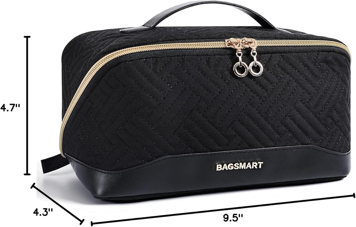 image:imageBAGSMART Travel Makeup Bag for Women Portable Waterresistant Cosmetic Case Puffy Padded Make Up Organizer Pouch Open Flat Toiletry Bag for Toiletries Brushes PurpleBlack