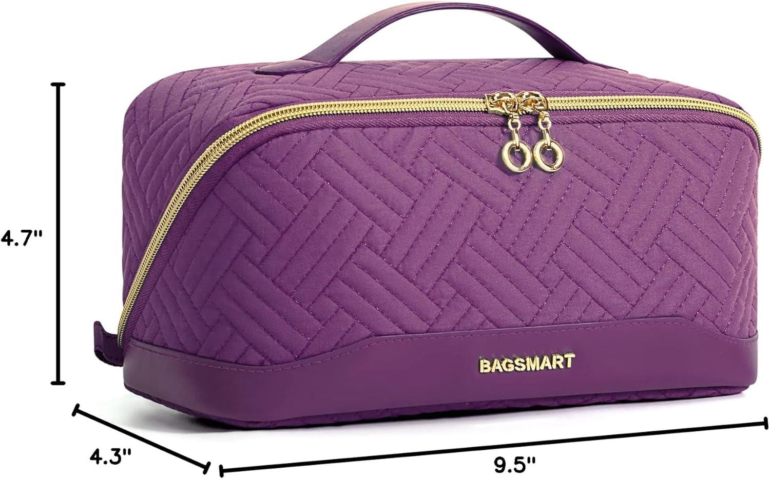 image:imageBAGSMART Travel Makeup Bag for Women Portable Waterresistant Cosmetic Case Puffy Padded Make Up Organizer Pouch Open Flat Toiletry Bag for Toiletries Brushes Purple12Purple