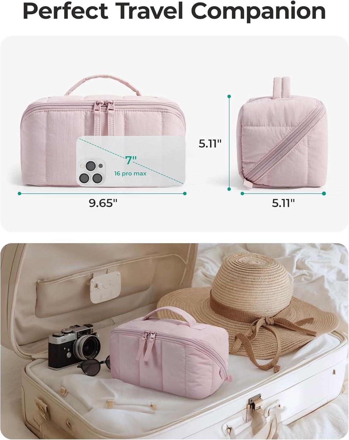 image:imageBAGSMART Travel Makeup Bag for Women Portable Waterresistant Cosmetic Case Puffy Padded Make Up Organizer Pouch Open Flat Toiletry Bag for Toiletries Brushes Purple03Brown
