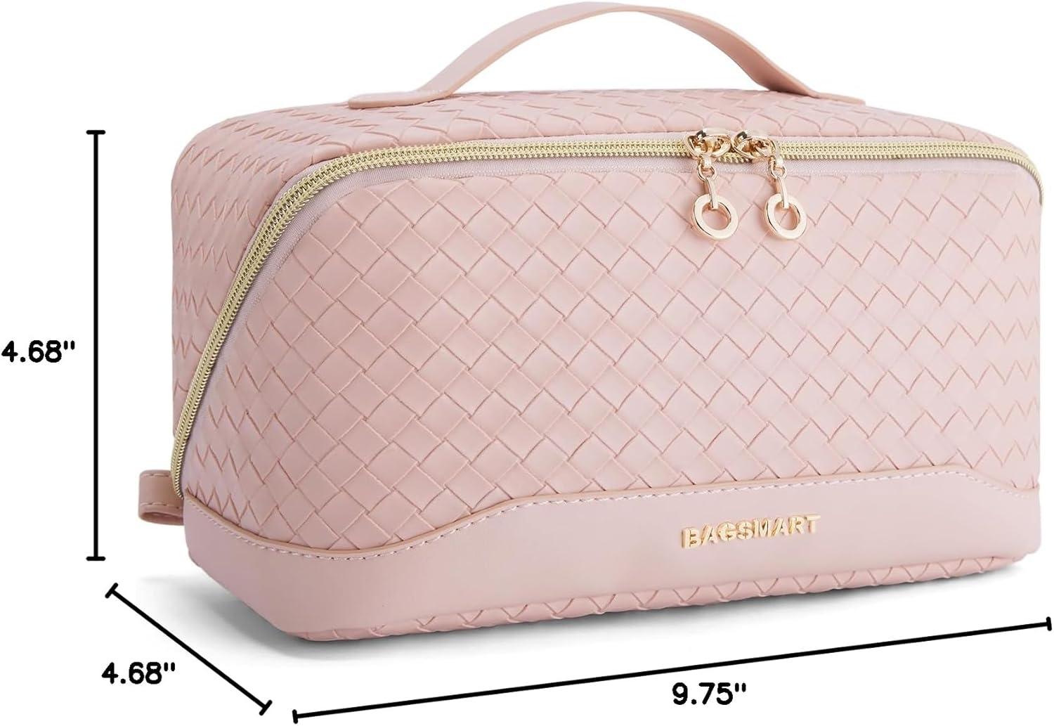 image:imageBAGSMART Travel Makeup Bag for Women Portable Waterresistant Cosmetic Case Puffy Padded Make Up Organizer Pouch Open Flat Toiletry Bag for Toiletries Brushes Purple14APink