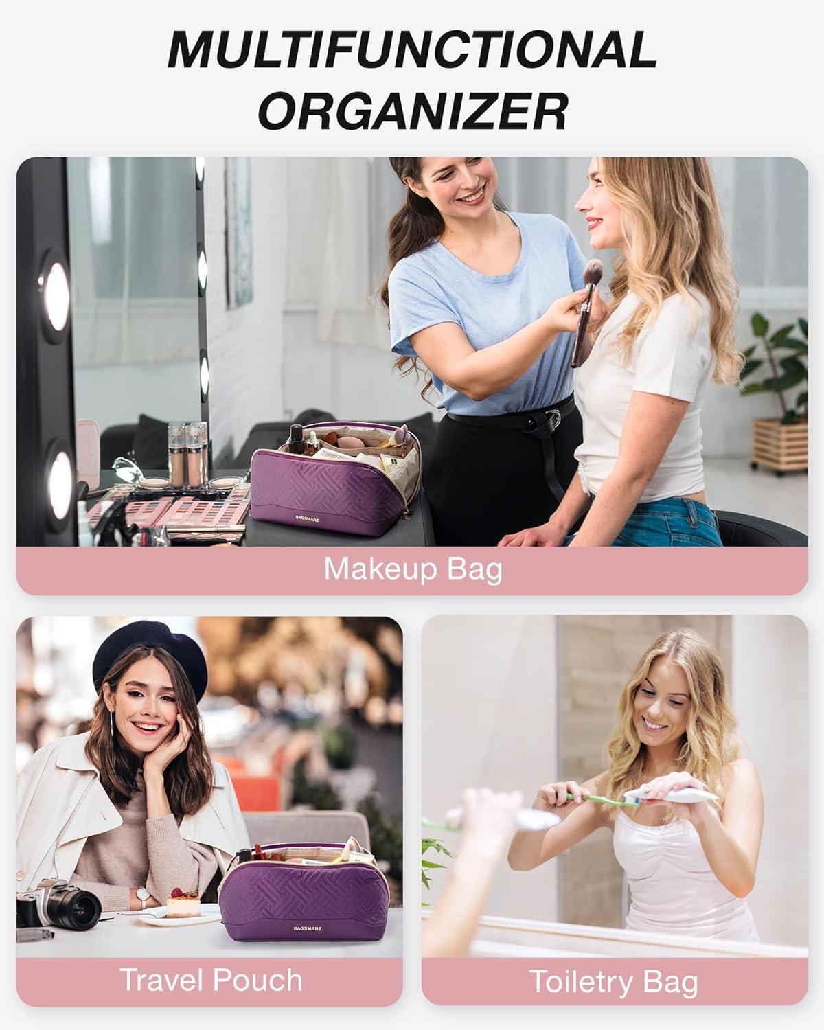 image:imageBAGSMART Travel Makeup Bag for Women Portable Waterresistant Cosmetic Case Puffy Padded Make Up Organizer Pouch Open Flat Toiletry Bag for Toiletries Brushes Purple12Purple