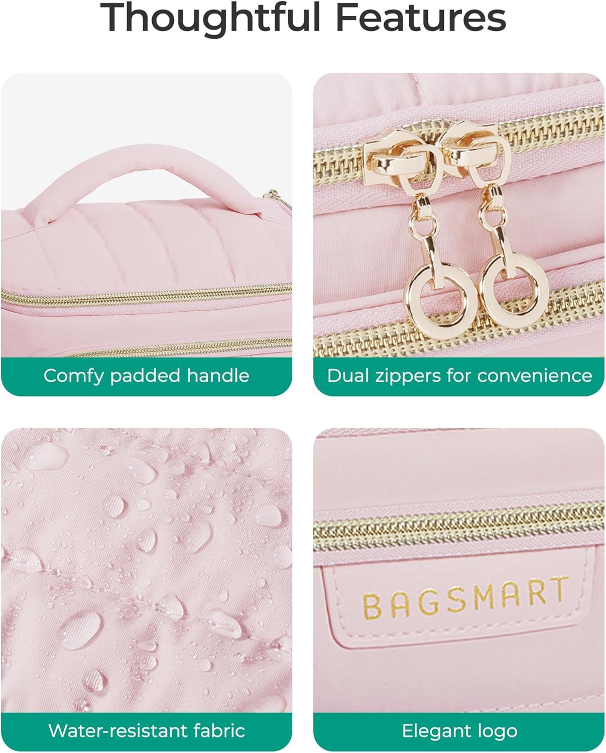image:imageBAGSMART Travel Makeup Bag with Jewelry Organizer Portable Make Up Bag Puffy WideOpening Cosmetic Storage Pouch for Womens Toiletries and Travel Essentials Baby PinkBaby Pink