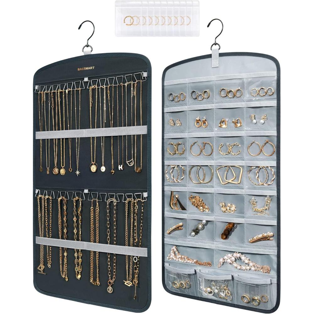 image:imageBAGSMART Hanging Jewelry Organizer Necklace Holder Antitangle Earrings Rings Hanger with 20 Jewelry Bags Travel Storage Roll with Pockets Hang on Closet Wall Door1 Piece Large BlackGrey