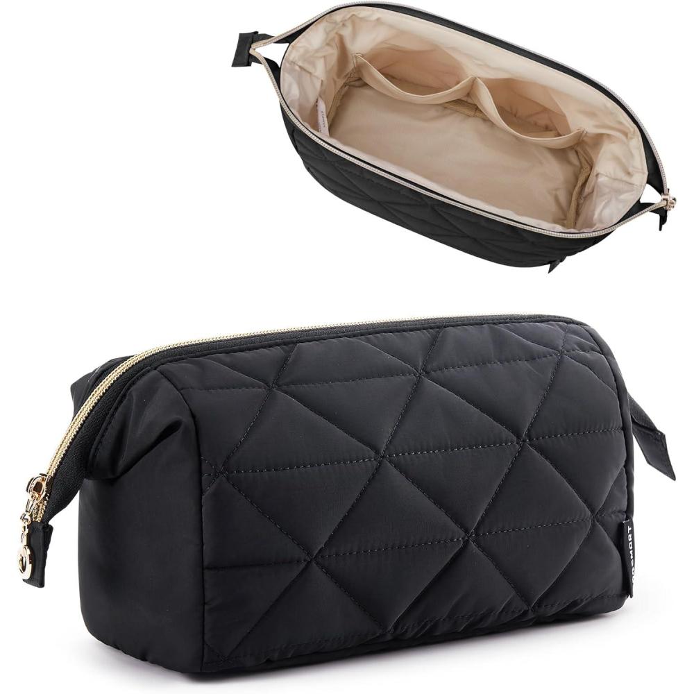 image:imageBAGSMART Makeup Bag Travel Makeup Bag Cute Puffy Make Up Bag Wideopen Cosmetic Bags for Women Small Makeup Pouch for Travel Essentials Toiletries Accessories BlackABlack