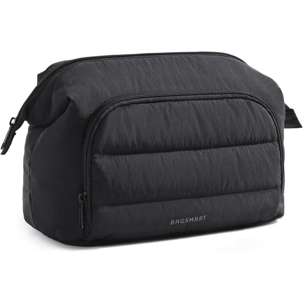 image:imageBAGSMART Makeup Bag Travel Toiletry Bag Puffy Padded Make Up Bags for Women Makeup Organizer Wideopen Pouch Purse Travel Essentials for Toiletries Accessories Brushes BlackBlack