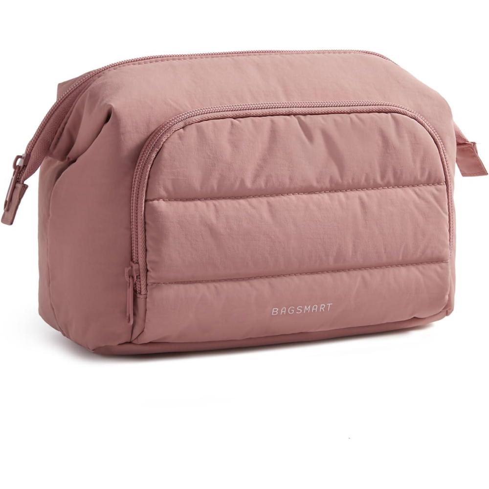 image:imageBAGSMART Makeup Bag Travel Toiletry Bag Puffy Padded Make Up Bags for Women Makeup Organizer Wideopen Pouch Purse Travel Essentials for Toiletries Accessories Brushes BlackDark Pink