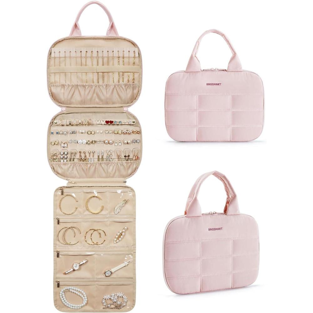 image:imageBAGSMART Travel Jewelry Case Hanging Jewelry Organizer with Zipper Pockets Large Capacity Puffy Jewelry Roll for Earrings Necklaces Rings on Closet Wall Door Portable Travel Essentials PinkPink