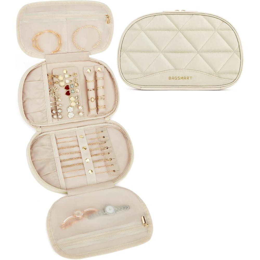 image:imageBAGSMART Travel Jewelry Case Jewelry Organizer Storage Roll Rings Necklaces Earrings Bracelets Brooches Watch Large Portable Light PinkABeige