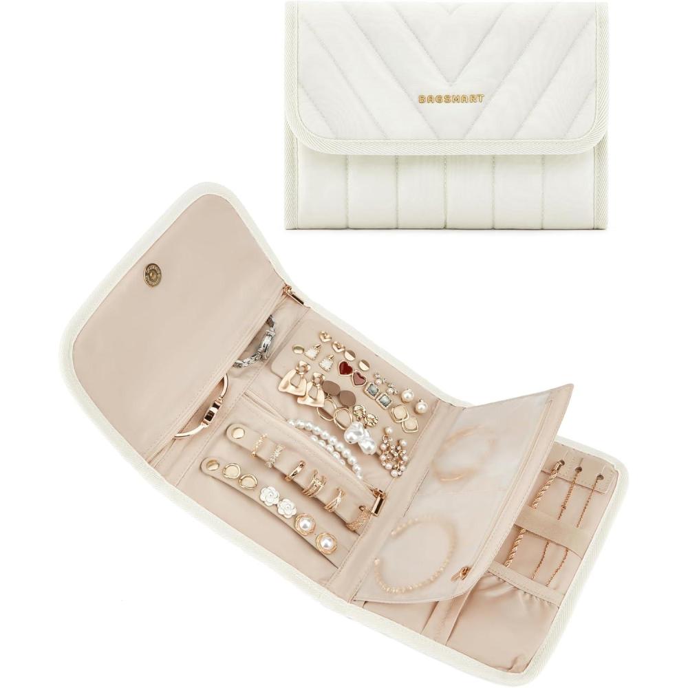 image:imageBAGSMART Travel Jewelry Organizer Case Foldable Jewelry Roll for Necklaces Earrings JourneyRings Bracelets Brooches Portable PinkABeige
