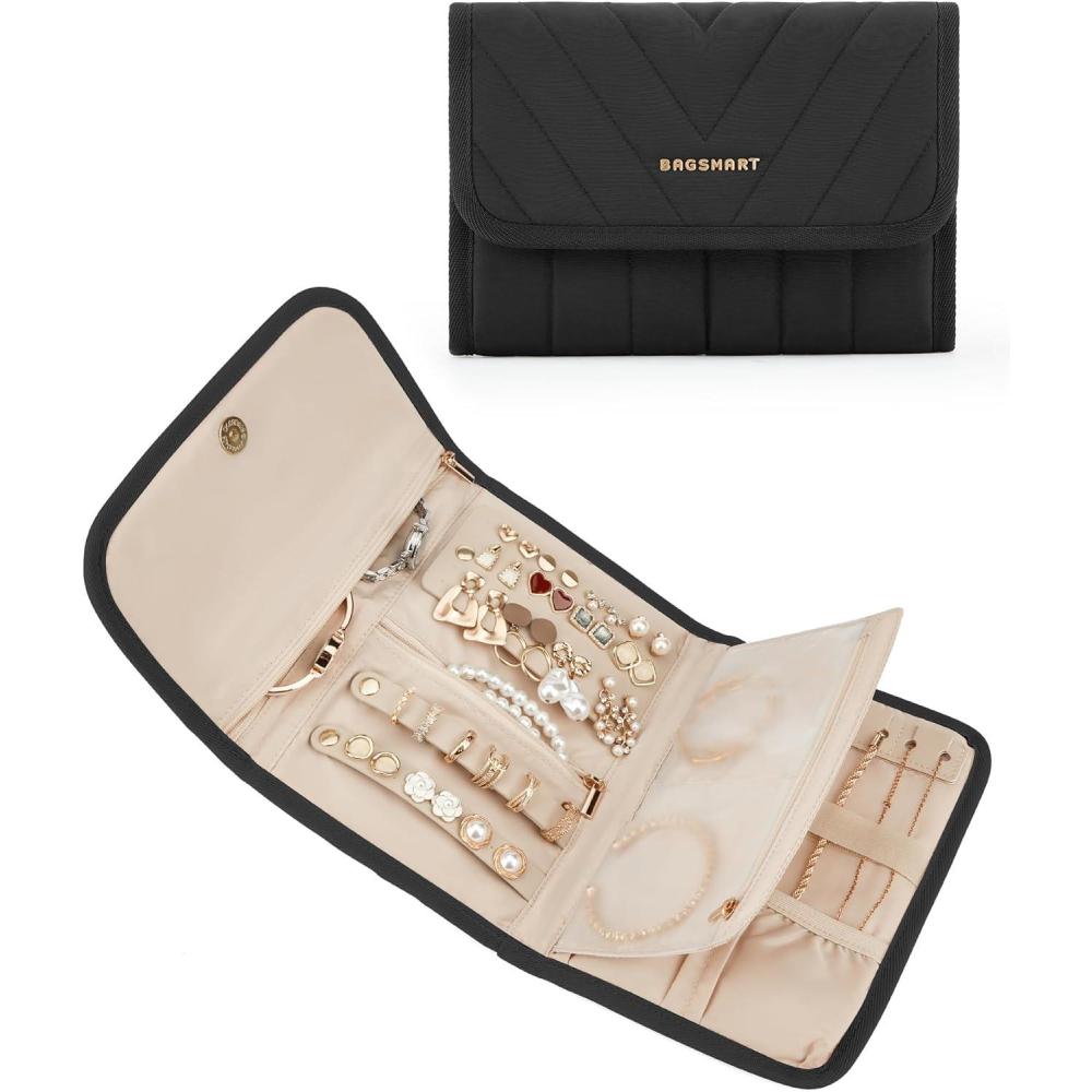 image:imageBAGSMART Travel Jewelry Organizer Case Foldable Jewelry Roll for Necklaces Earrings JourneyRings Bracelets Brooches Portable PinkABlack