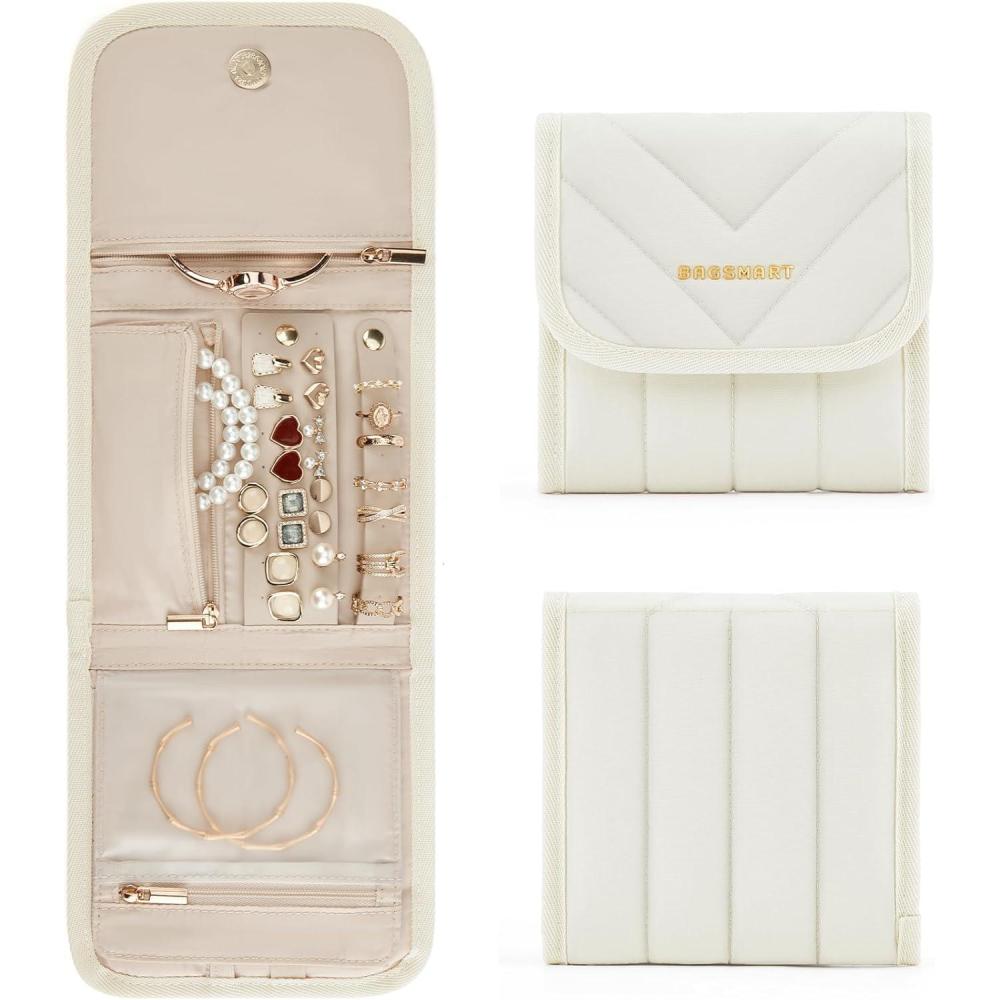 image:imageBAGSMART Travel Jewelry Organizer Case Foldable Jewelry Roll for Necklaces Earrings JourneyRings Bracelets Brooches Portable PinkBBeige