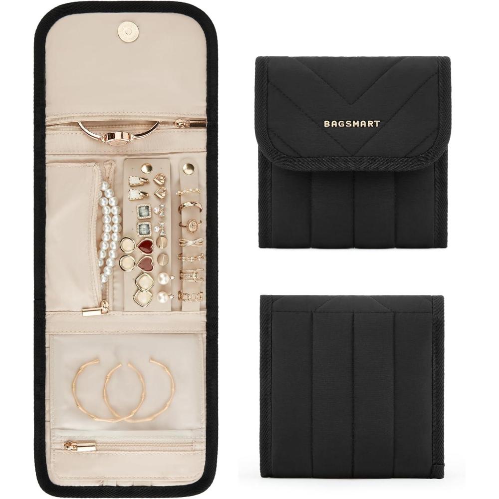 image:imageBAGSMART Travel Jewelry Organizer Case Foldable Jewelry Roll for Necklaces Earrings JourneyRings Bracelets Brooches Portable PinkBBlack