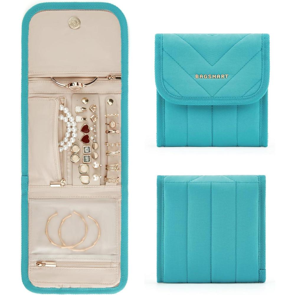 image:imageBAGSMART Travel Jewelry Organizer Case Foldable Jewelry Roll for Necklaces Earrings JourneyRings Bracelets Brooches Portable PinkBGreen