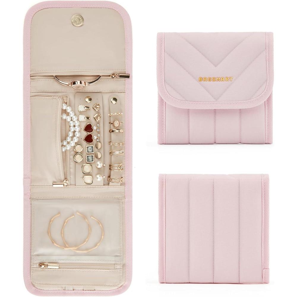 image:imageBAGSMART Travel Jewelry Organizer Case Foldable Jewelry Roll for Necklaces Earrings JourneyRings Bracelets Brooches Portable PinkBPink