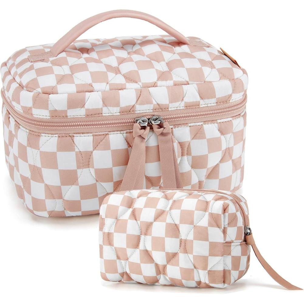 image:imageBAGSMART Travel Makeup Bag 2Piece Puffy Quilted Cute Make Up Bag Cosmetic Bags for Women Large WideOpen Toiletry Pouch Gifts for Toiletries Accessories Travelling Essentials PinkCheckered Khaki
