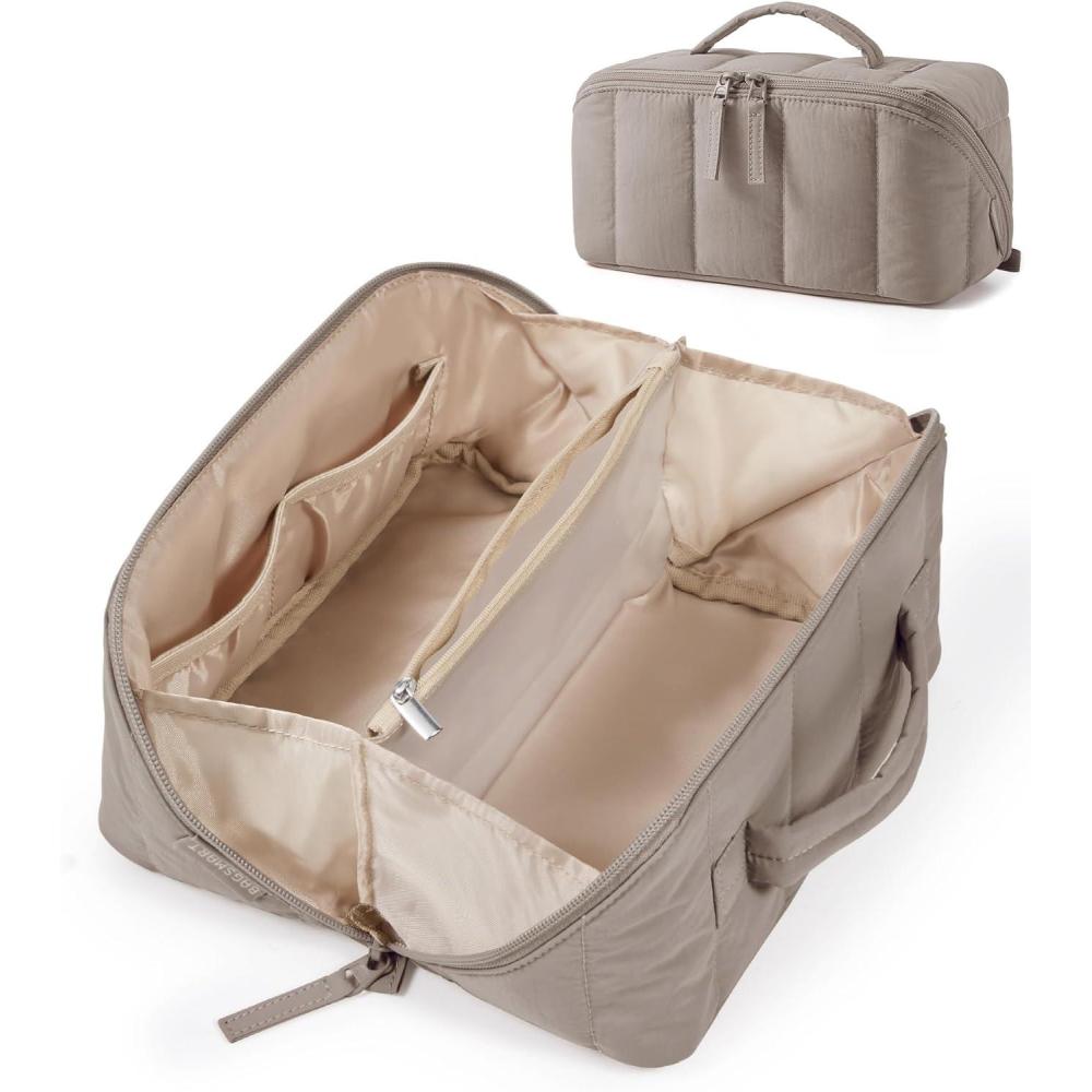 image:imageBAGSMART Travel Makeup Bag for Women Portable Waterresistant Cosmetic Case Puffy Padded Make Up Organizer Pouch Open Flat Toiletry Bag for Toiletries Brushes Purple03Brown